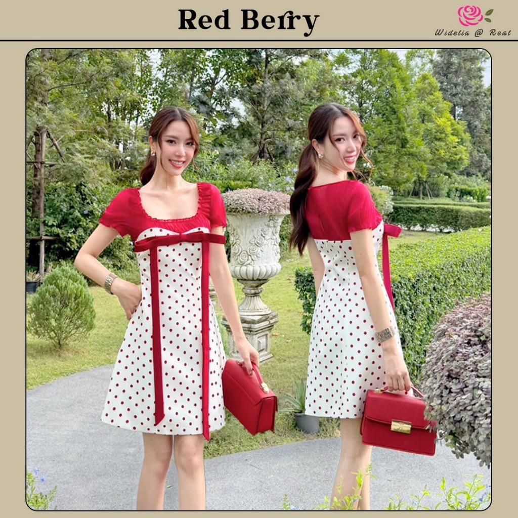 Widelia สีแดง Red Berry Dress เดรสสั้นผ้าเปเป้พิมพ์ลายจุด ตัวอกผ้าชีฟองเนื้อนิ่ม ไม่คัน แขนตุ๊กตาสั้นปลายสม็อค