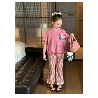 AY268 ชุดเซ็ตเด็กผู้หญิง เสื้อยืดสีพาสเทล แต่งตุ๊กตาหมี กางเกงขายาวขาบาน น่ารักมาก