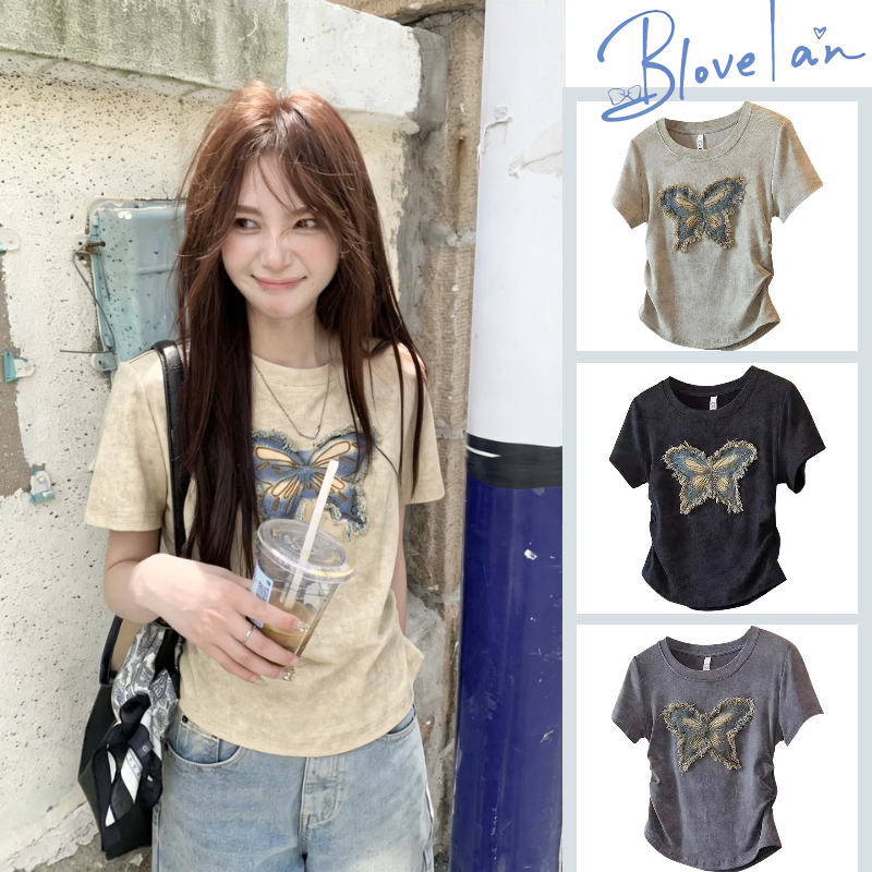 เสื้อรัดรูป เสื้อยืดผู้หญิง แฟชั่นสวยๆผู้หญิง น่ารักแขนสั้น สไตล์เกาหลี พิมพ์ลายโบว์ฤดูร้อน สไตล์เกาหลี