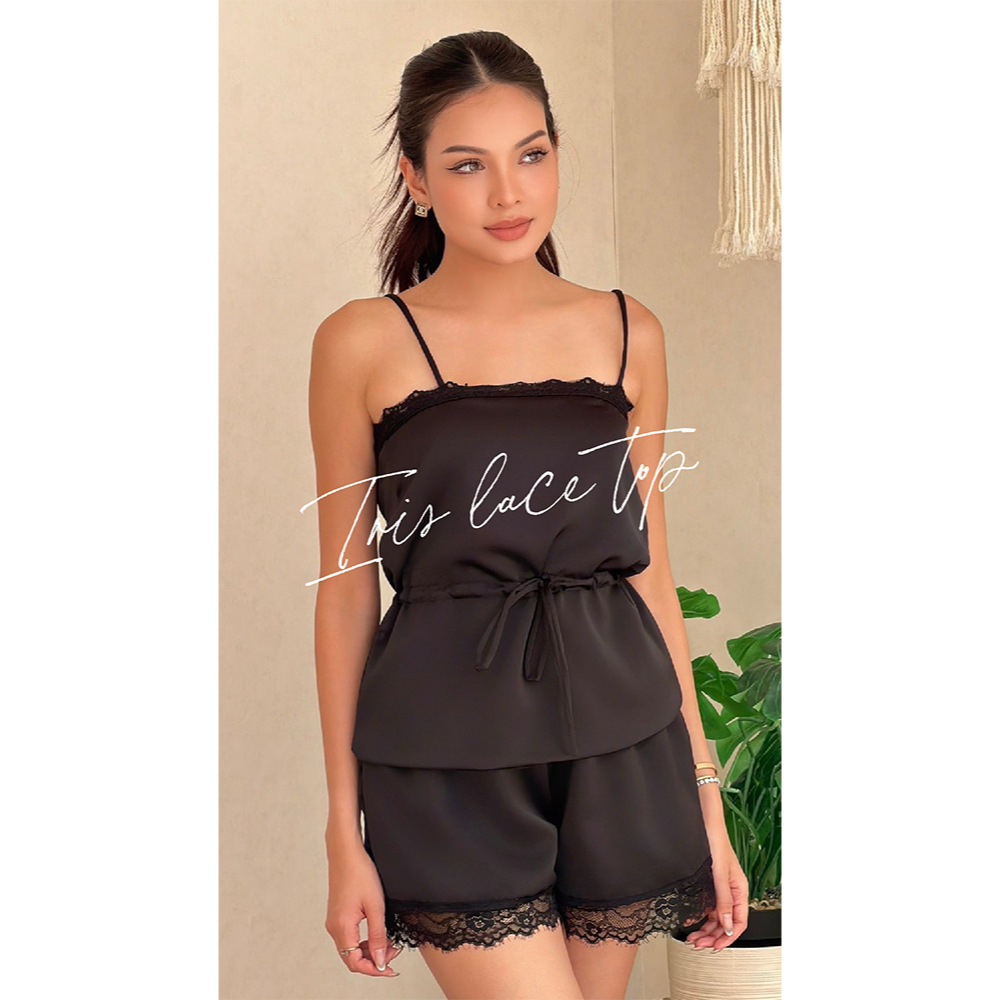 SEASON STUDIO - IRIS LACE TOP / เสื้อสายเดี่ยวซาติน แต่งขอบลูกไม้ ดีเทลผูกเอว