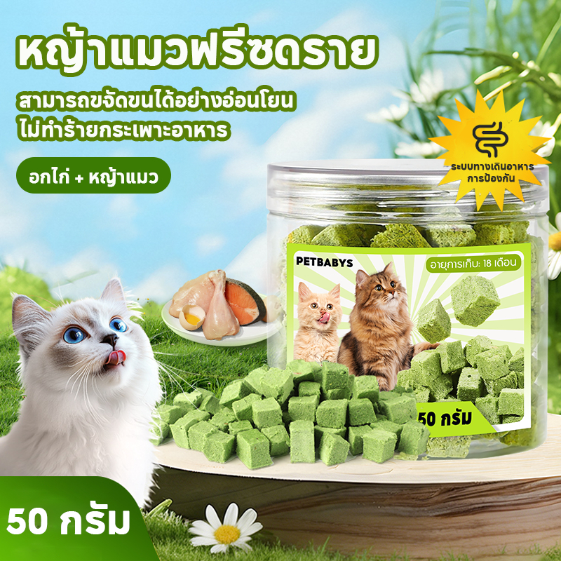 PETLUSCI หญ้าแมวฟรีซดราย ขนมแมว 50กรัม ช่วยขับขนในลำคอ ลดการสำลักขน ขนมแมวฟรีซดราย