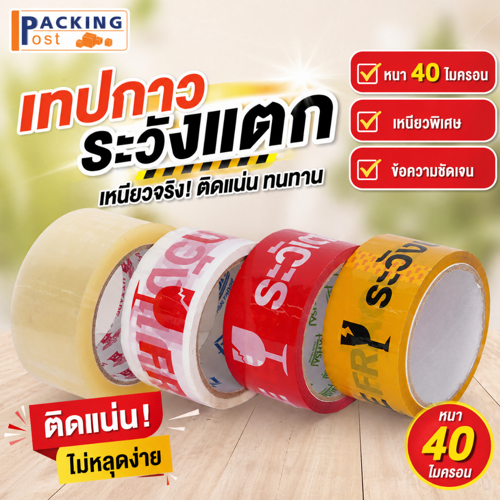 [6ม้วน] เทประวังแตก เทป OPP กว้าง 2 นิ้ว ยาว 45 หลา เหนียว ติดแน่น สีสดสวย ตัวหนังสือคมชัด