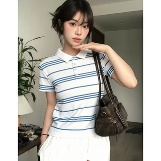 B&R พร้อมส่ง เสื้อโปโลผู้หญิงแขนสั้นลายทาง เสื้อเชิ้ตคอปกทรงเข้ารูป ด้านหลังมีสายผูก ขนาด S-2XL