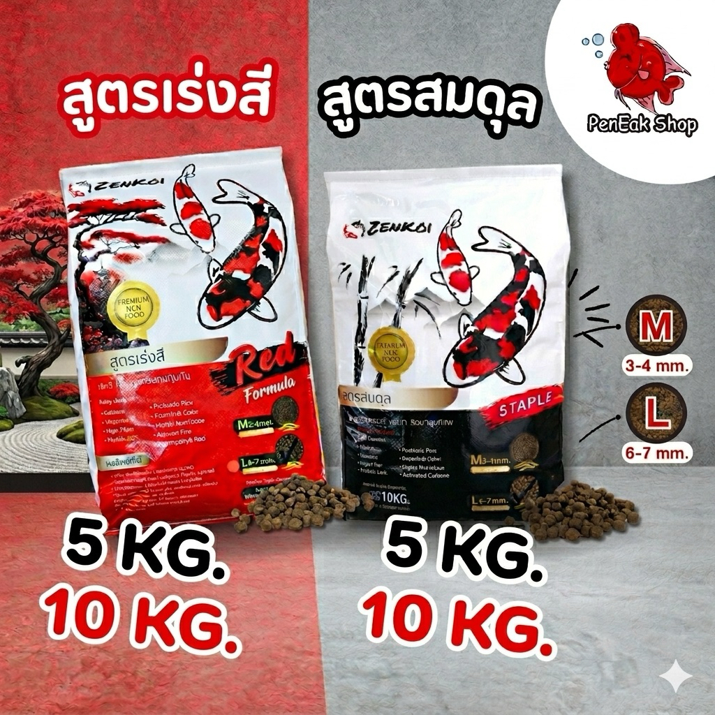 คุ้มกว่าเดิม!! Zen Koi เซนโค่ย อาหารปลา อาหารปลาคาร์ฟ สูตรสมดุล สูตรเร่งสี ปลาโตไว สีสวย สีชัด น้ำไม่เสีย 5กก. และ 10กก.