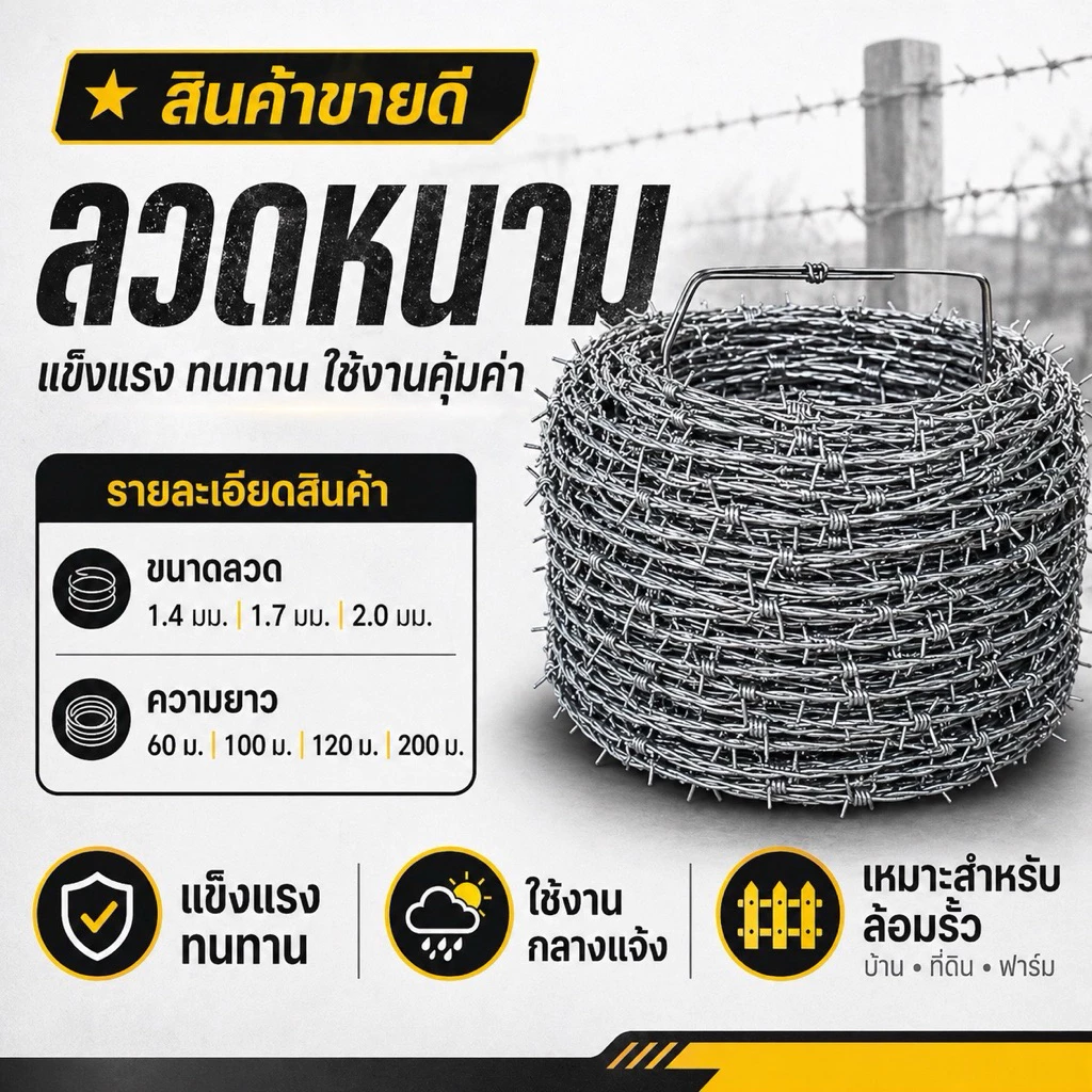 ลวดหนามชุบกัลวาไนซ์ หนา 1.4/1.6/2 มม.ยาว60-200เมตร ทนสนิม ใช้งานยาวนาน ✨