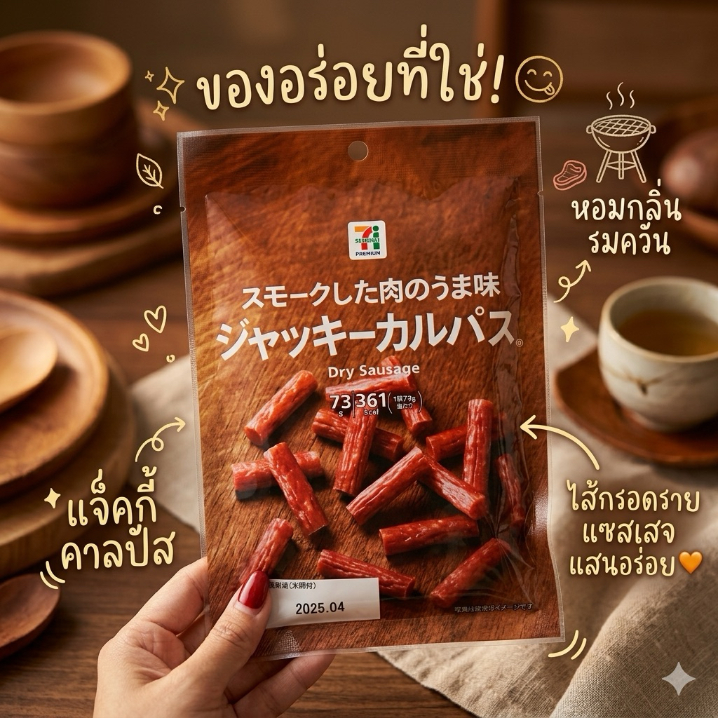 Jacky Calpas Dry Sausage จาก 7-Eleven Premium ญี่ปุ่นตัวนี้เป็นขนมยอดฮิตที่สายกับแกล้มหรือสายทานเล่นต้องมีติดบ้านไว้เลย