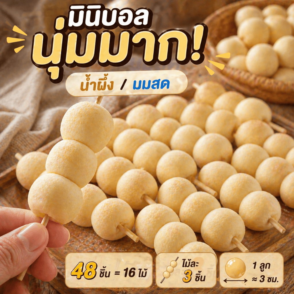 ขนมปังมินิบอลจิ๋ว 2 สูตร 🍯🥛 น้ำผึ้ง/นมสด 48 ชิ้น 16 ไม้ นุ่มฟู อบสดตามออเดอร์