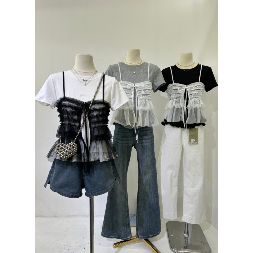 M2125 มินิมอลสไตล์เกาหลี! เสื้อเซต 2 ชิ้น ดีเทลลูกไม้ระบายสุดละมุน