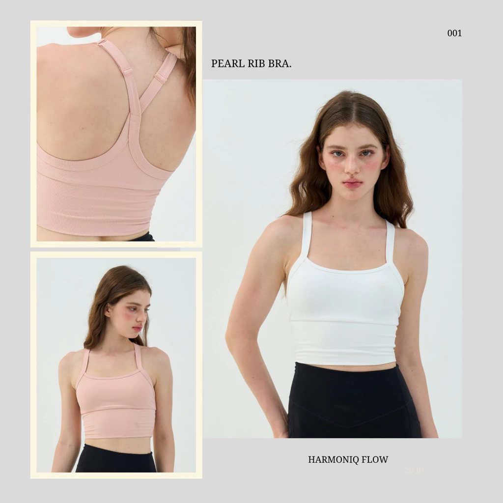 Hmnq : Pearl Rib สปอร์ตบรา ผ้าร่องนุ่ม สายปรับได้ ใส่สบาย ยืดหยุ่นดี สำหรับพิลาทิส โยคะ ฟิตเนสเบาๆ มี 2 สี ชมพู/ขาว