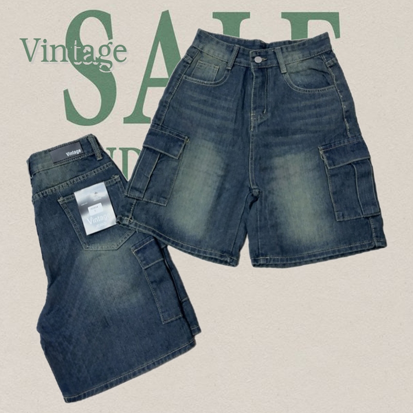Vintage รุ่น H586 กางเกงยีนส์ ขาสั้น คาร์โก้ แต่งเฟดขา ทรงสวย ผ้าไม่ยืด กระเป๋าตรง 2 ใบ