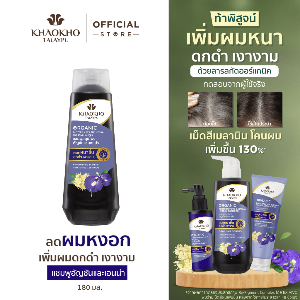 Khaokho Talaypu เขาค้อทะเลภู แชมพู สูตรอัญชันและเฮนน่า ช่วยลดผมหงอก (180 มล.)