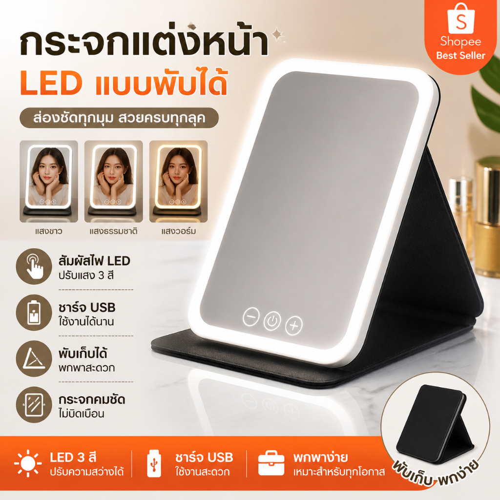กระจกแต่งหน้า LED HD แสงไฟ3สี ชาร์จUSB แบบพกพา