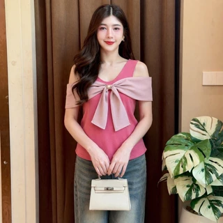เสื้อแฟชั่น ผ้าวูลเวฟ สไตล์เวียดนาม คอวี เว้าไหล่ ดีเทลแต่งโบว์ ติดกระดุม ใส่แมท LG258