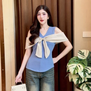 เสื้อแฟชั่น ผ้าวูลเวฟ สไตล์เวียดนาม คอวี เว้าไหล่ ดีเทลแต่งโบว์ ติดกระดุม ใส่แมท LG258