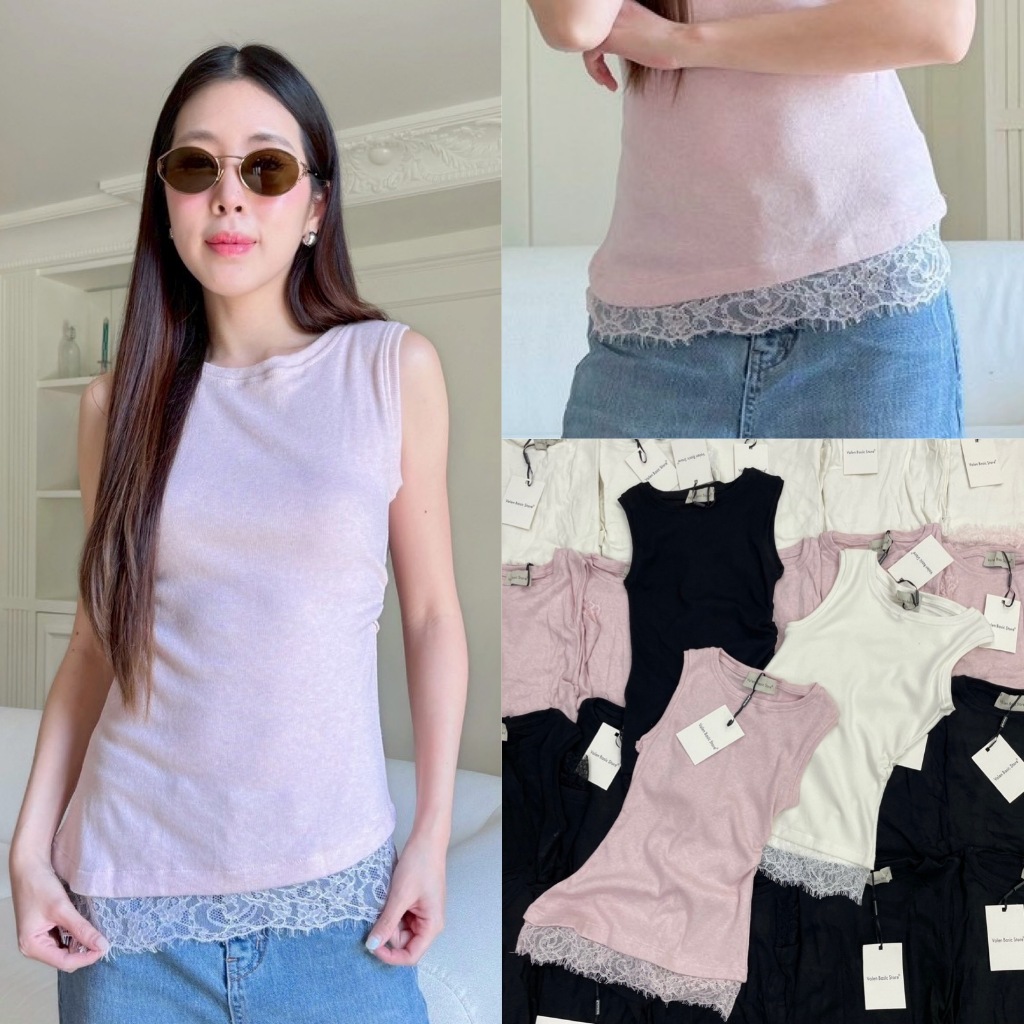 🍊 VL 5250 เสื้อคอกลมแขนกุด ผ้าทอร่อง เนื้อนิ่ม ใส่สบาย แต่งผ้าลูกไม้