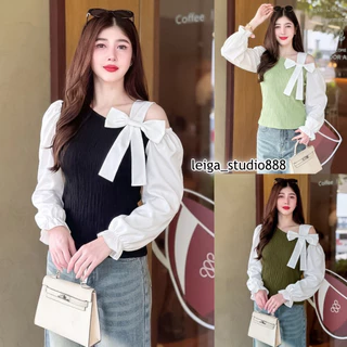 เสื้อแฟชั่น ผ้าเปลือกไม้ แขนยาวแต่งผ้าไหมอิตาลี เว้าไหล่แต่งโบว์ข้าง ใส่เที่ยว ใส่ทำงาน ใส่ออกงาน ใส่แมท LG264
