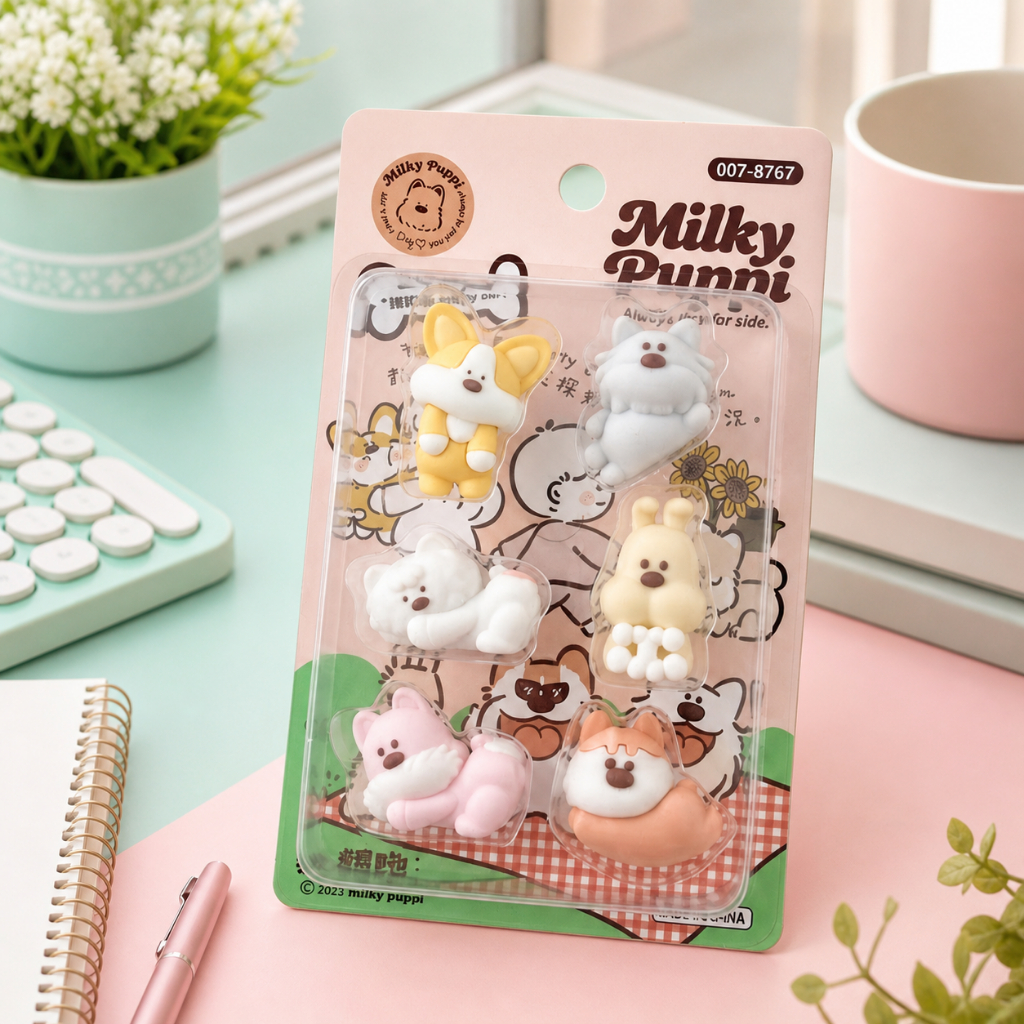 ยางลบไร้ฝุ่นลายน่ารัก Milky Puppy  สีพาสเทลละมุน แพ็ค 6 ชิ้น