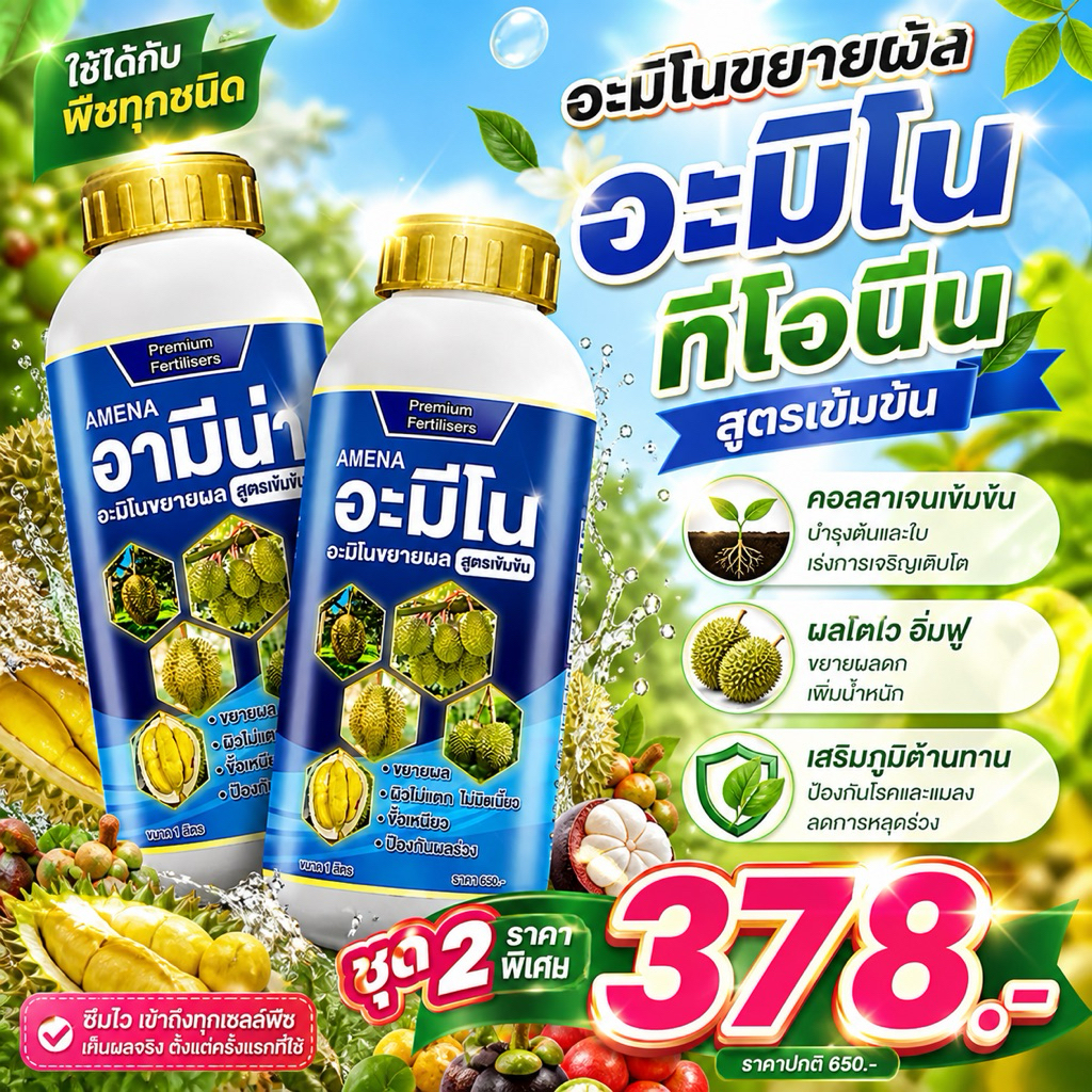 อามีน่า ขยายผล สูตรเข้มข้น ผลโตไว ทุเรียน มังคุด ลำไย ส้ม เงาะ ลองกอง ฝรั่ง ฯลฯ ขยายผล 1 ลิตร2ขวด