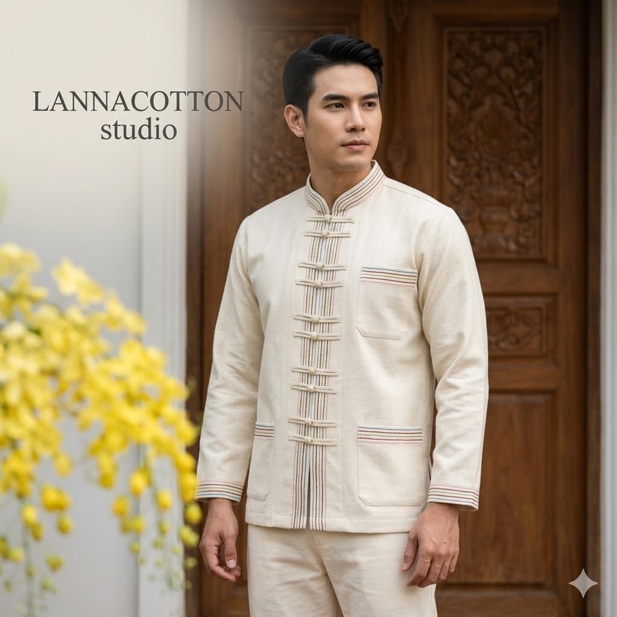 เสื้อชาย คอจีน สีดำ สีม่วง สีธรรมชาติ สีกรมท่า สีขาว สีชมพูกลีบบัว สีฟ้า