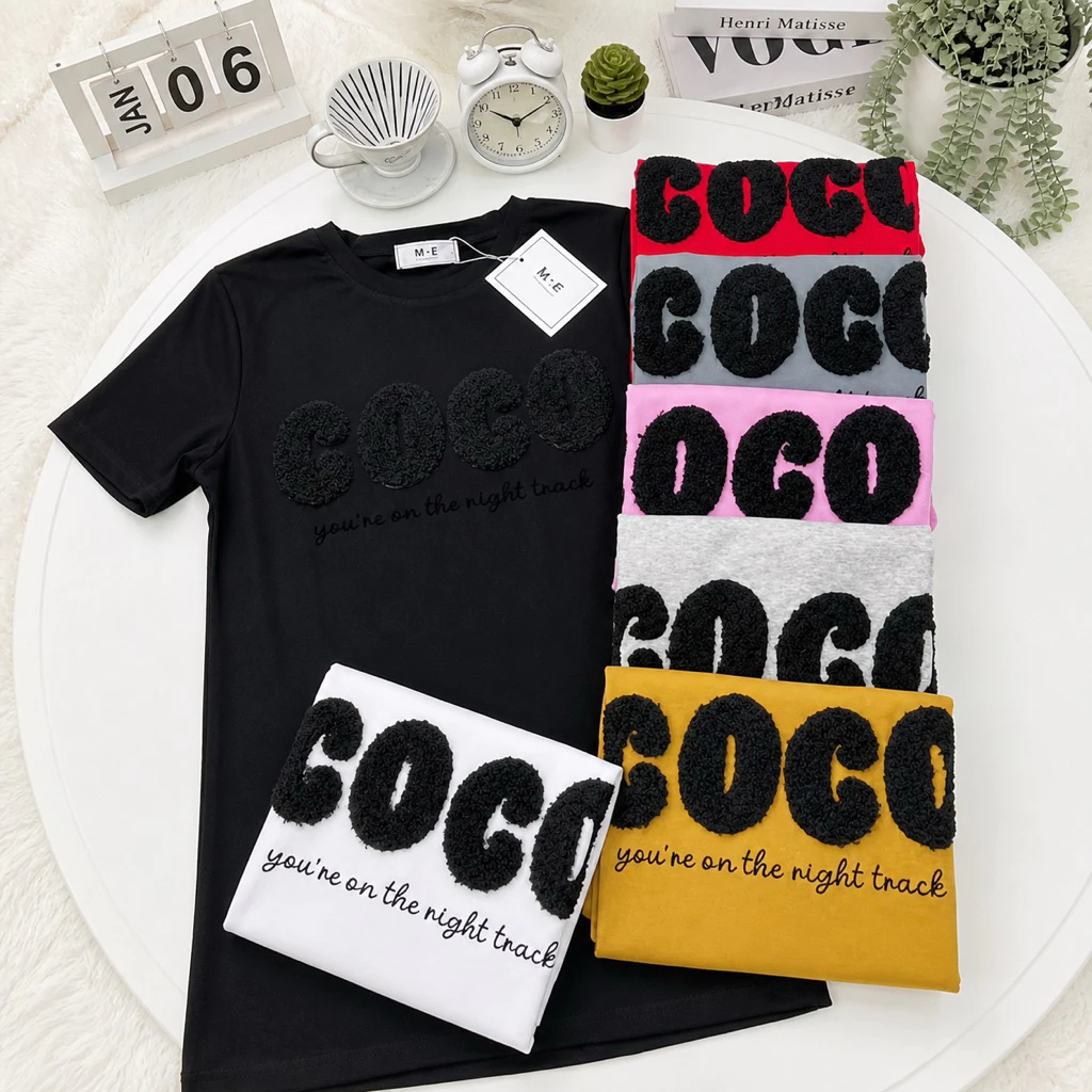 เสื้อยืดคอกลมแขนสั้น รีดเพชรลาย coco ป้าย ME
