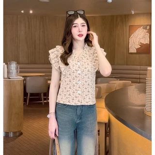 เสื้อแฟชั่น ผ้าด็อบบี้พิมพ์ลายดอก คอแต่งระบาย แขนแต่งระบาย กระดุมมุกหน้า ทรงเข้ารูป สวย เรียบหรู ใส่ทำงาน ใส่แมท ใส่ออก