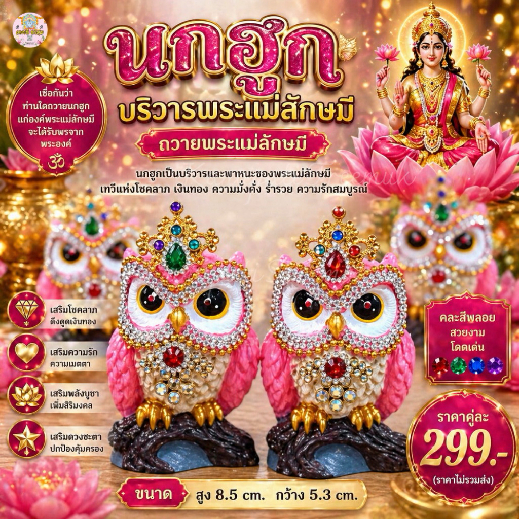 นกฮูกบริวารพระแม่ลักษมี นกฮูกสีชมพู ประดับพลอย #ถวายพระแม่ลักษมี 🕉🦉