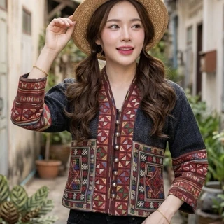 เสื้อพื้นเมืองผู้หญิง ผ้าฝ้ายสโตนวอชแต่งแถบทอพื้นเมือง“กระเป๋าหน้าใช้งานได้จริง”