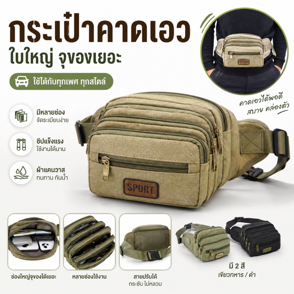🇹🇭พร้อมส่ง กระเป๋าคาดเอวคาดอก รุ่น 5 ซิป และ 6 ซิป