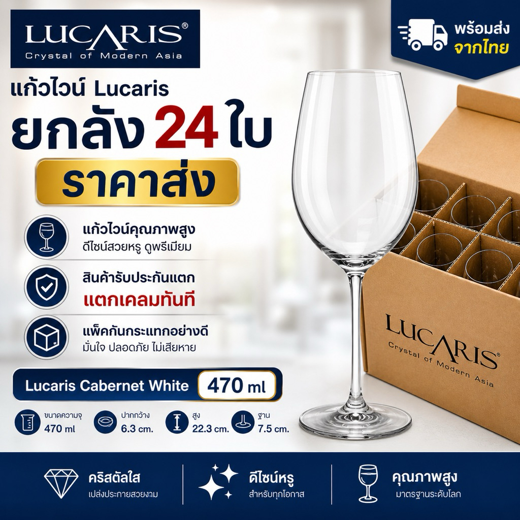 พร้อมส่ง🍷แก้วไวน์ Lucaris ยกลังสุดคุ้ม (1 ลัง บรรจุ 24 ใบ) รับประกันแตก