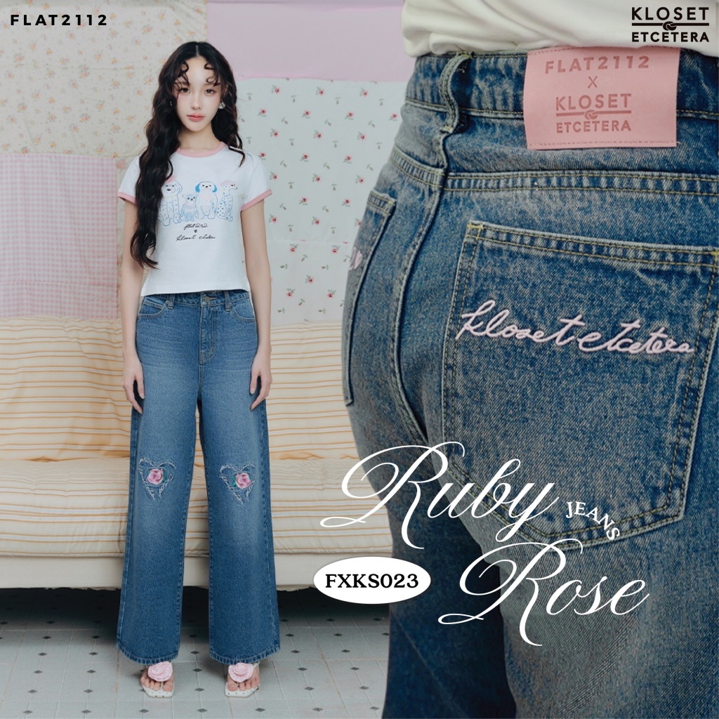 FLAT2112 : RUBY ROSE JEANS กางเกงยีนส์สีเข้ม ปักดอกไม้ เอวสูง ทรงสวย ใส่แล้วดูผอม กางเกงยีนส์ผู้หญิง (FXKS023)