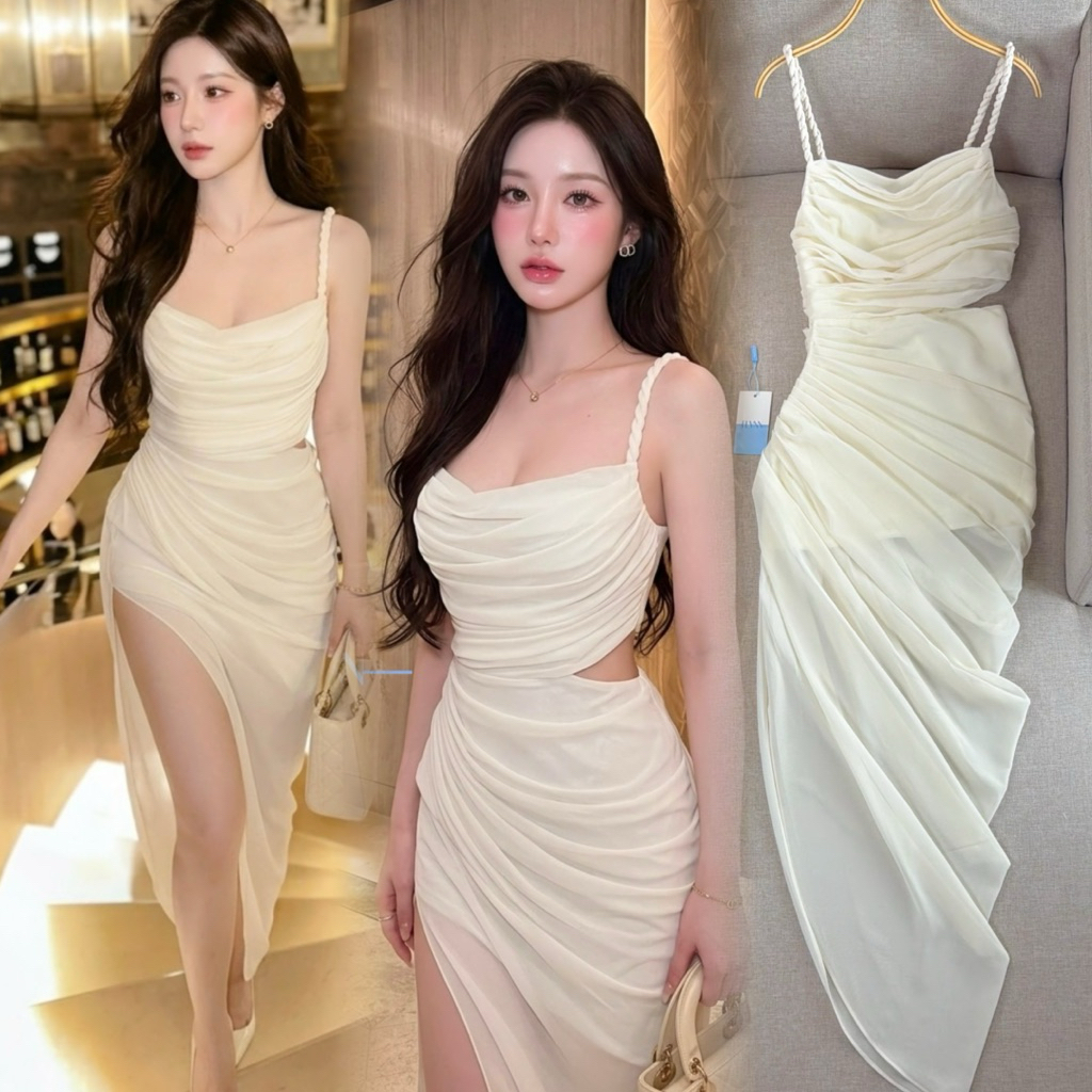 เดรสยาวจับจีบรอบตัวเรียงสวยงาม แต่งเว้าเล็กๆ ที่เอว เสริมความเซ็กซี่ด้วยความผ่าขึ้นมา