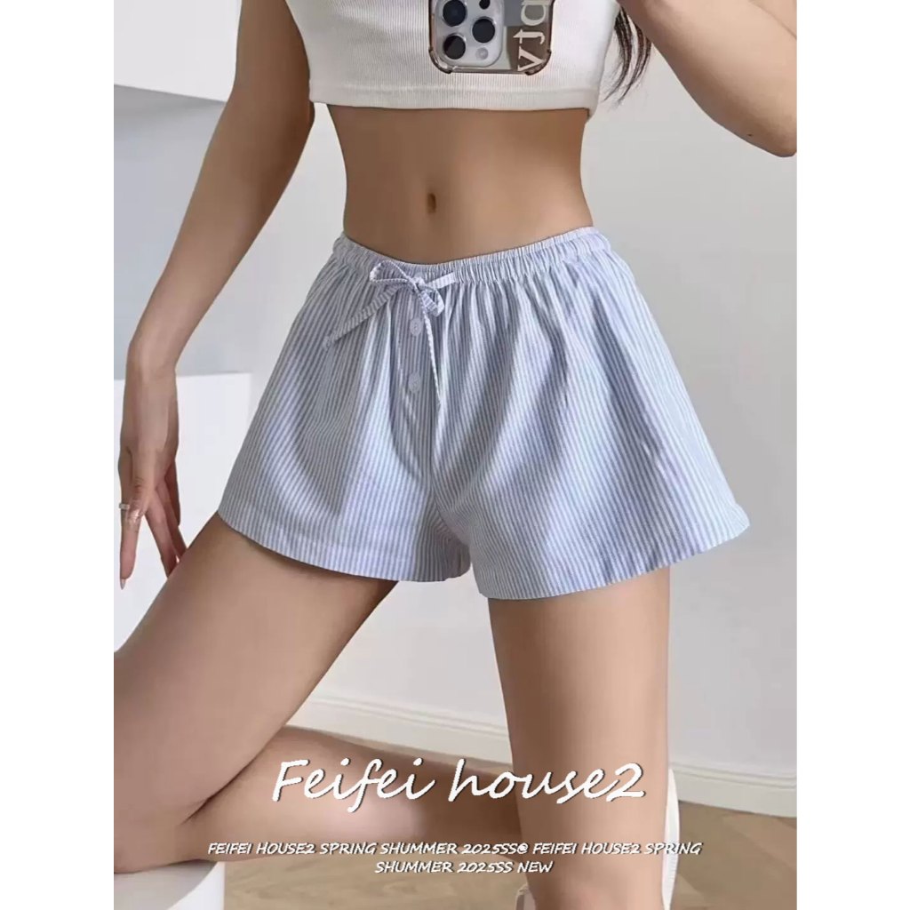 [Summer Casual Striped Button Shorts]เอวยางยืดเชือกดึงกระดุมลายทางกางเกงขาสั้นใส่ได้ทุกสไตล์