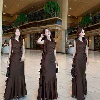 ชุดเพื่อนเจ้าสาว เดรสเบี่ยงข้างออกงานแต่งดอกไม้ MAYA G124ชายพริ้วๆๆสวยๆ