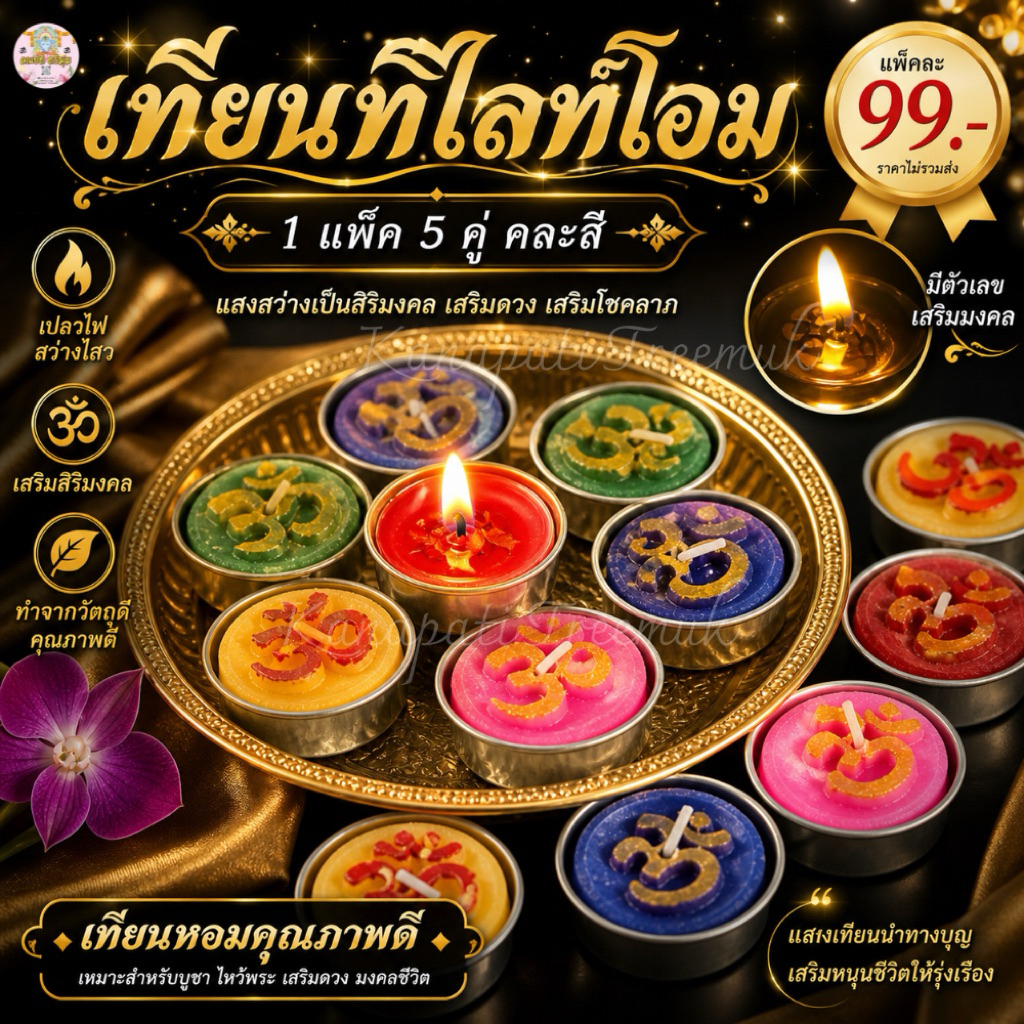 เทียนทีไลท์โอม คละสี 1 ห่อ มี 10 ถ้วย จุดถวายองค์เทพ ถวายพระพิฆเนศ 🕉️