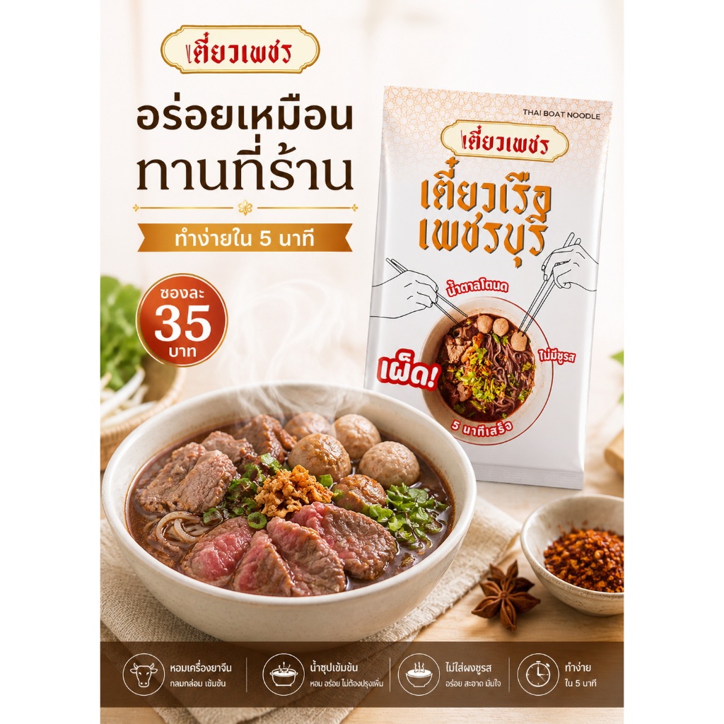 เตี๋ยวเพชร เตี๋ยวเรือเพชรบุรี พร้อมปรุง (THAI BOAT NOODLE) ขนาดบรรจุ 82 กรัม