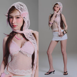 Bemingtop1169(S-3XL) -BMG Mira Top -สายเดี่ยวลูกไม้ฟีลหวานละมุน ดีไซน์ผสมผ้าลูกไม้ช่วงอกกับผ้าตาข่าย