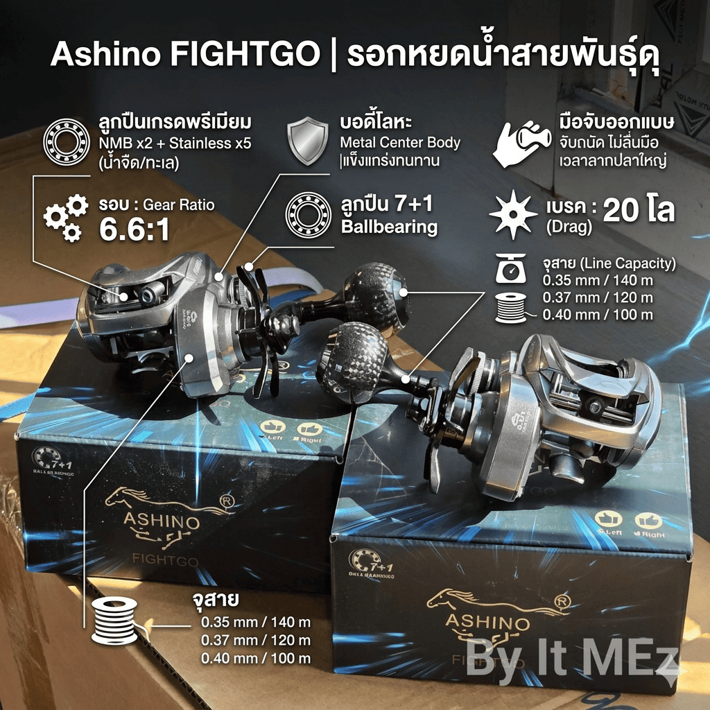 [ รับตรงจากบริษัท ] รอกหยดน้ำ รอกเบท Ashino FIGHTGO ไฟต์โก 7+1BB บอดี้โลหะตรงกลาง Casting