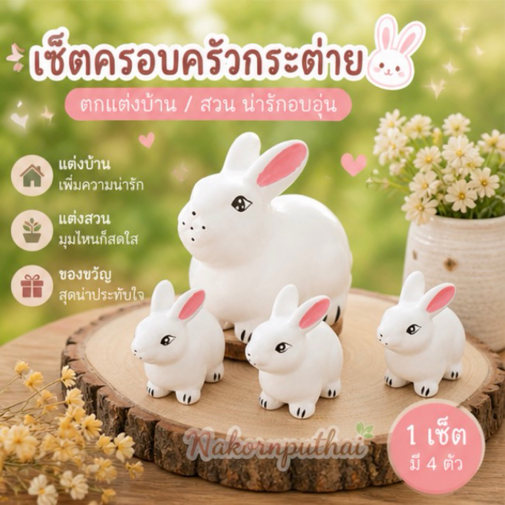 ครอบครัวกระต่าย 4 ตัว วัสดุเซรามิก เพ้นท์สี น่ารัก สำหรับตกแต่งบ้านและสวน