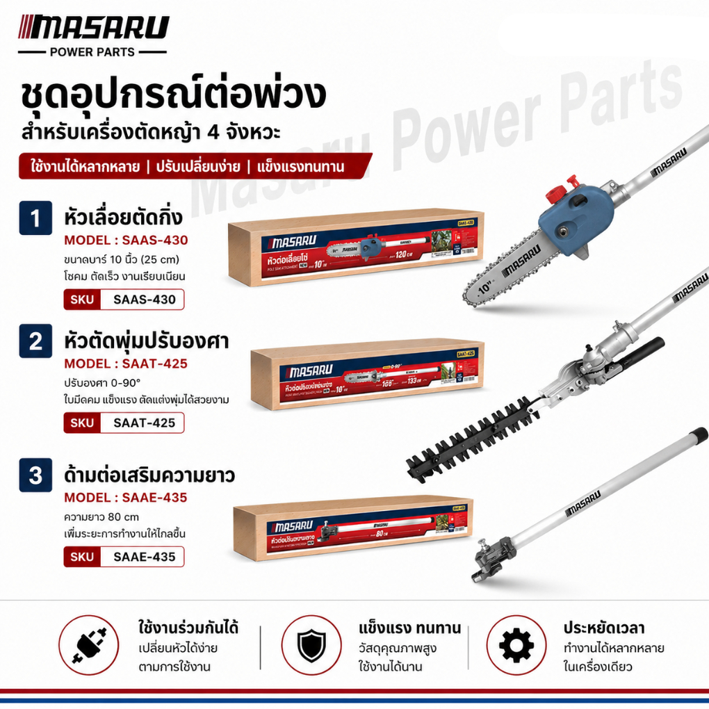 MASARU หัวต่อเครื่องตัดหญ้า SAAS-430 SAAT-425 SAAE-435 หัวตัดแต่งพุ่ม หัวเลื่อยโซ่