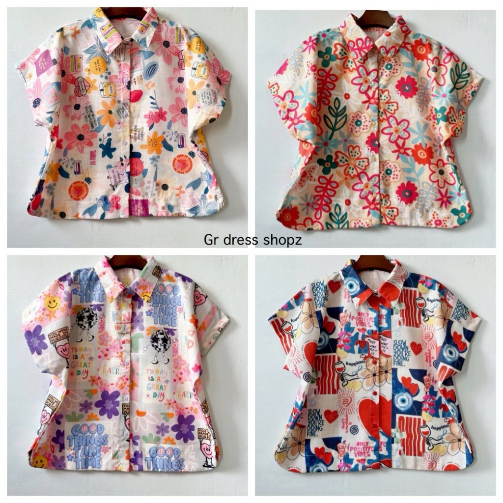 เสื้อเชิ้ตแขนสั้นผ้าฝ้ายพิมพ์ลาย อก 46 นิ้ว ยาว 22 นิ้ว งานร้าน DADA