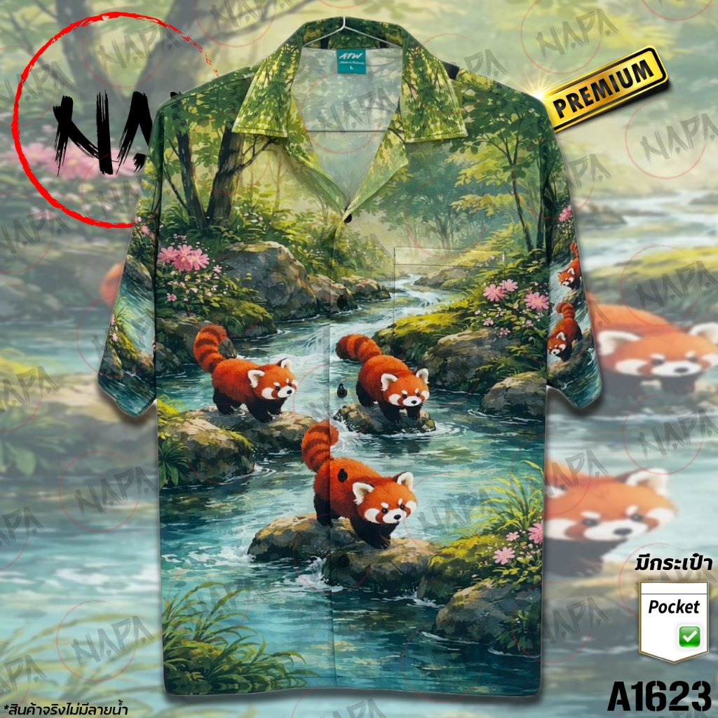 เสื้อฮาวาย แพนด้าแดงสาม A1623 ผ้าไหมอิตาลีแท้
