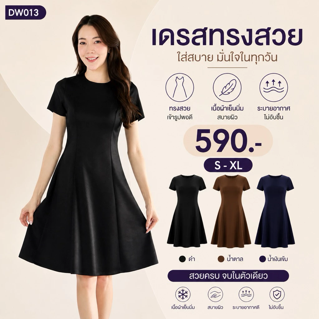 DW013# เดรสสีดำพร้อมส่งค่ะ เดรสแขนสั้น กระโปรงบานตีเกร็ดเอว ชุดทำงานใส่สบาย ชุดทำงานผู้หญิง แฟชั่นสาวออฟฟิศ