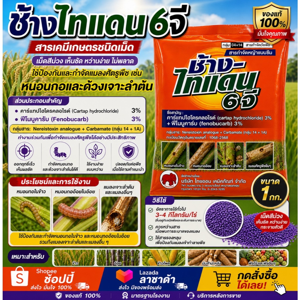 ช้างไทแดน 6 จี ขนาด 1กก (ฟูราดาน) คาร์แทปฯ+ฟีโนบูคาร์ป ยาเม็ดรองก้นหลุม ป้องกันแมลง ป้องกันหนอนกอ ด้วงเจาะลำต้น