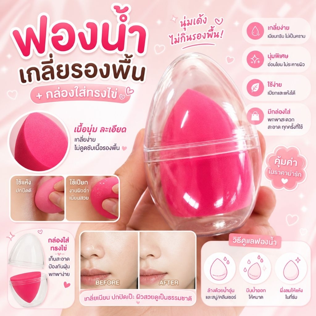ฟองน้ำเกลี่ยรองพื้นพร้อมกล่องใส่ พกพาสะดวก