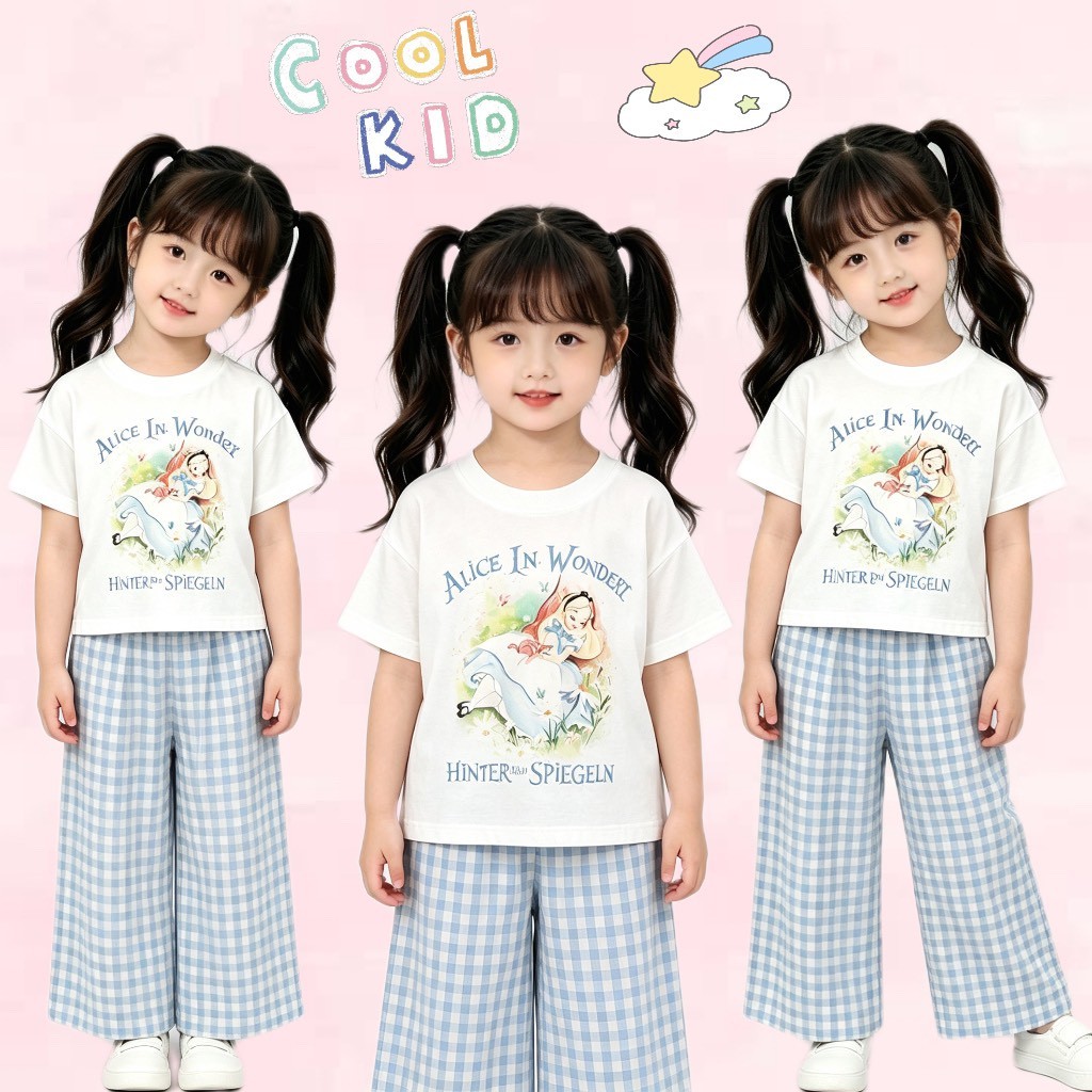 BB271 เซ็ตเด็กหญิง Summer Look กางเกงขายาวลายสก็อต ใส่สบาย