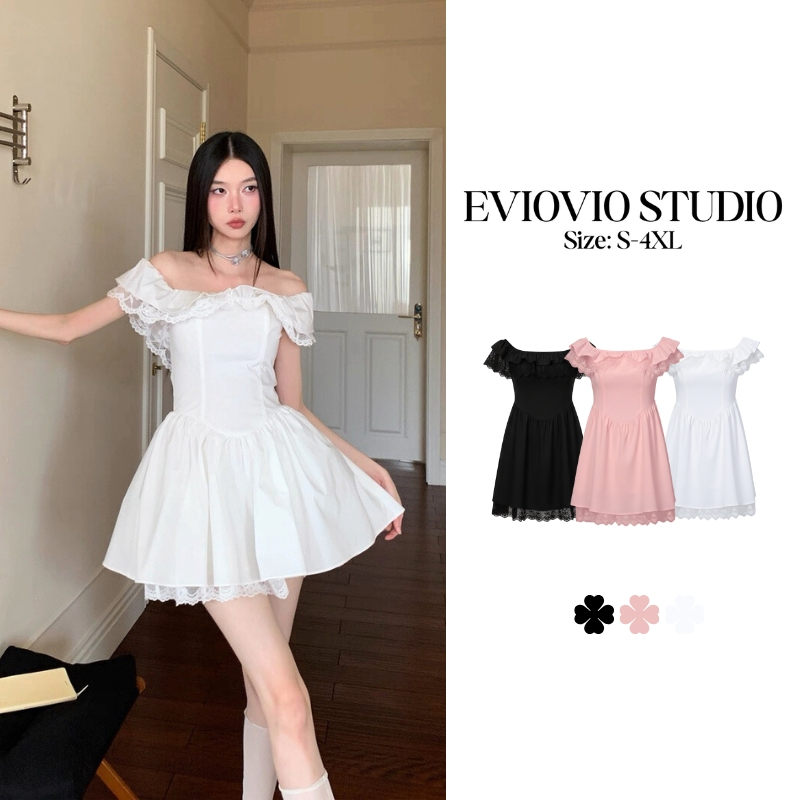 S-4XL【EVIOVIO】 เดรสลูกไม้ระบาย เปิดไหล่ พรางต้นแขน สไตล์เกาหลี เดรสสาวอวบ เดรสผู้หญิง เดรสออกงาน ชุดใส่ไปทำงาน พร้อมส่ง✨