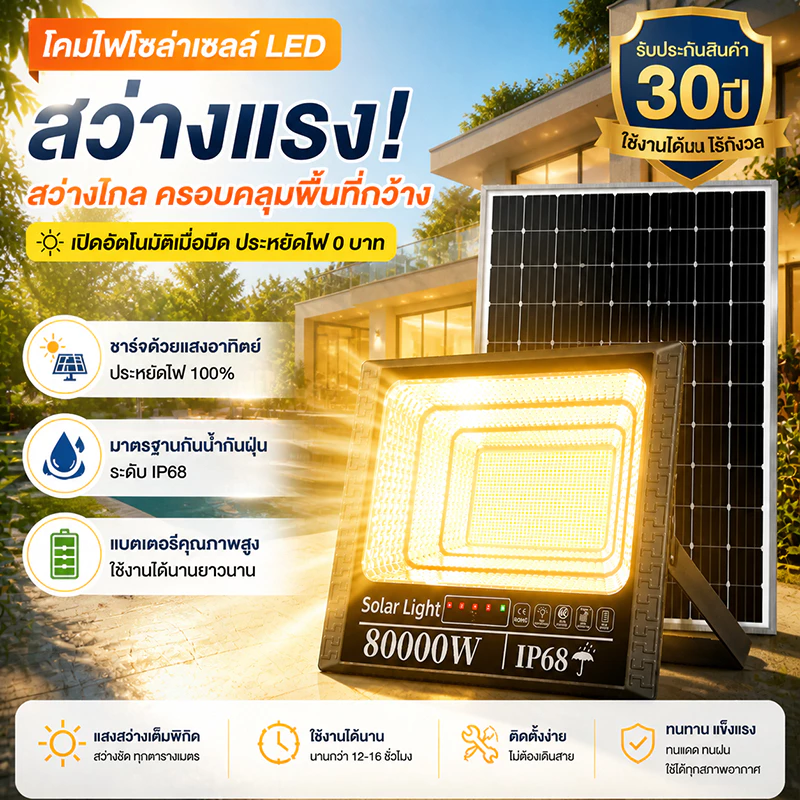 EEKOO【ซื้อ1แถม1】ไฟโซล่าเซลล์ 80000W โซล่าเซลล์ ไฟสปอร์ตไลท์ warm light ไฟโซล่าเซลล์สว่างทั้งคืน