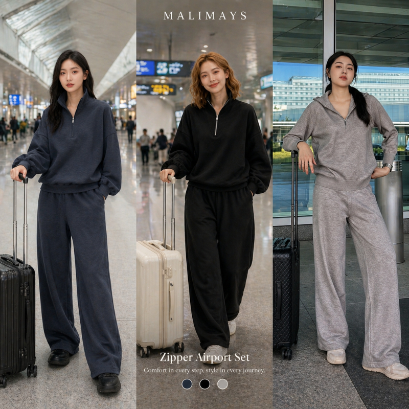 MALIMAYS Zipper Airport Set ชุดเซ็ทขึ้นเครื่อง knitted sweater sets ชุดเซตแขนยาวไหมพรม