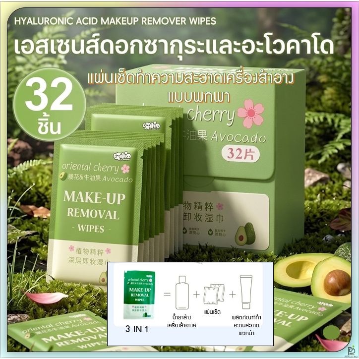 (พร้อมส่ง!) ทิชชู่ลบเมคอัพ อะโวคาโด ทิชชู่เช็ดเครื่องสำอาง แผ่นเช็ดเครื่องสำอาง ทำความสะอาดผิวหน้า 32ชิ้น/กล่อง