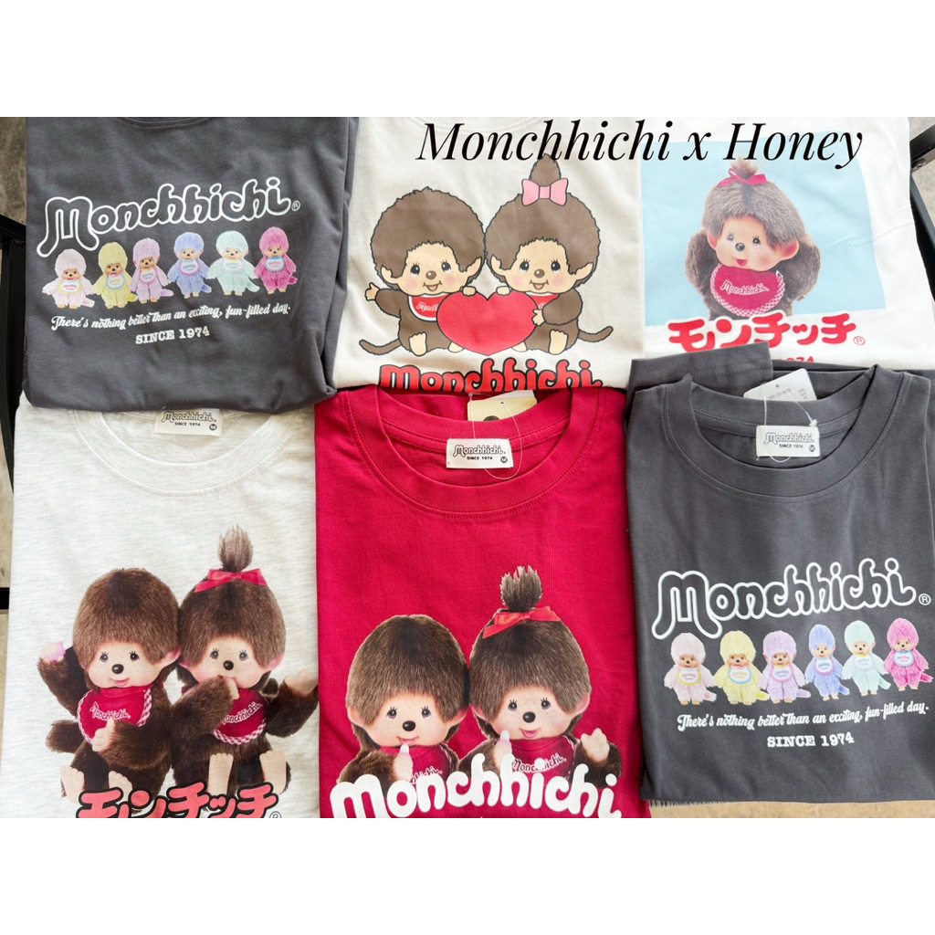 เสื้อยืด cotton monchhichi x Honey ลิขสิทธิ์แท้เนื้อดี S40นิ้ว/M42 นิ้ว/L 44 นิ้ว /LL 46 นิ้ว